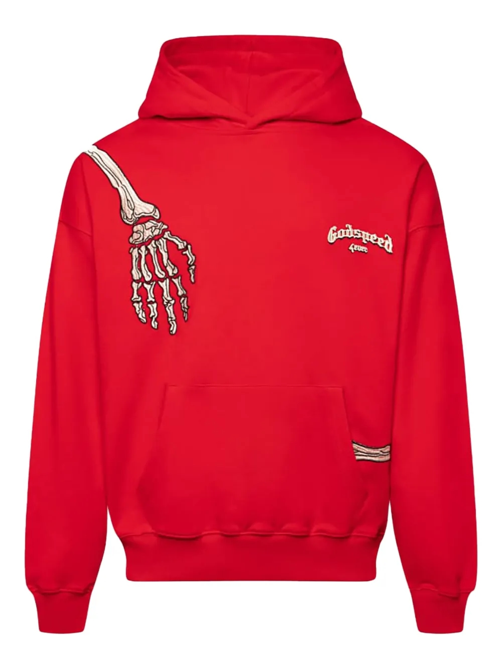 Close-up of heavyweight fleece and embroidered detailing